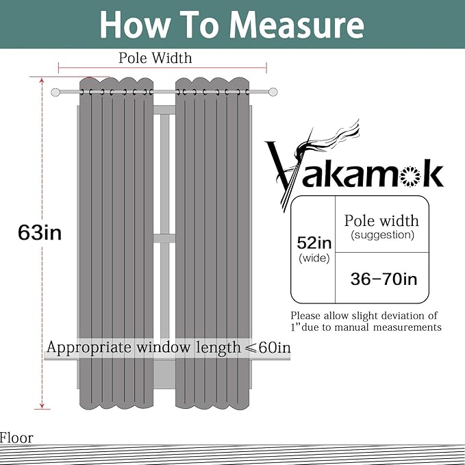 Yakamok 63 Inches Long Dark Gray 100% Blackout Curtains, Noise Reducing Window Drapes,Room Darkening Curtain Panels with Black Liners for Bedroom(Dark Grey, 2 Panels, 52W x 63L)