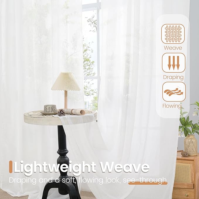 BGment White Linen Curtains 54 Inch Length for Living Room - Rod Pocket Textured Drapes Light Filtering for Bedroom Country Decorative Lightweight Natural Rustic, 2 Panels Set, 42 X 54 Inch