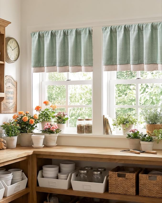 jinchan Curtain Light Filtering Kitchen for Living Room Bedroom Small Windows Valance 18 Inch Double Layer Farmhouse Window Rustic Overlay Rod Pocket 1 Panel Green