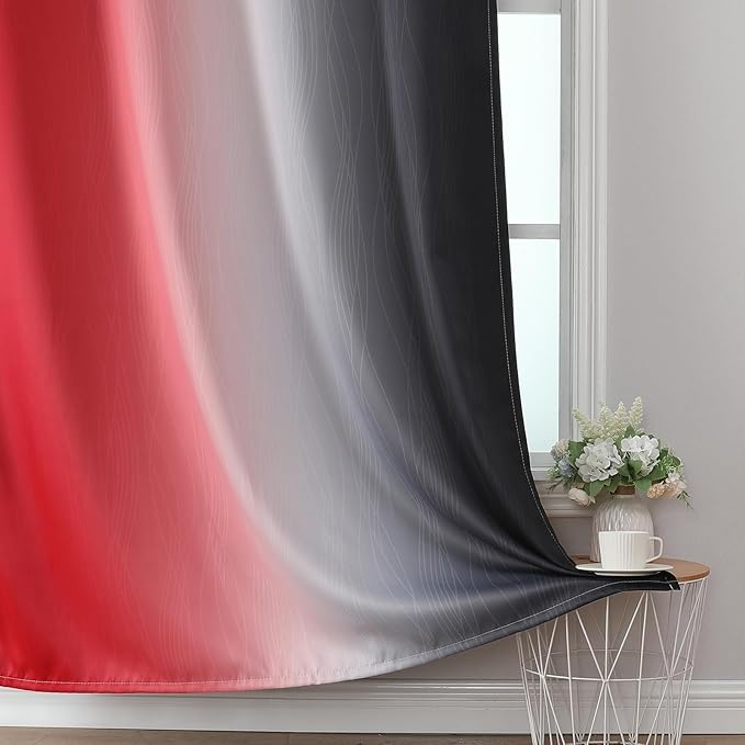 Estelar Textiler Ombre Red and Black Curtains 63 Inch Length 2 Panels, 100% Blackout Curtains for Living Room, Grommet Thermal Insulated Drapes, Full Light Blocking Curtains for Bedroom, 42x63 Inch