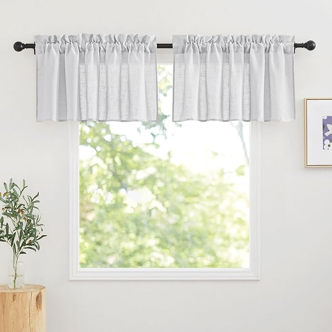 RYB HOME Linen Curtain Tiers for Bedroom Window Treatment, Rod Pocket Valance Set for Bathroom Hazy Sheer for Privacy Protect, Dove Grey, Width 52 in x Length 18 in per Panel, 2 Pcs