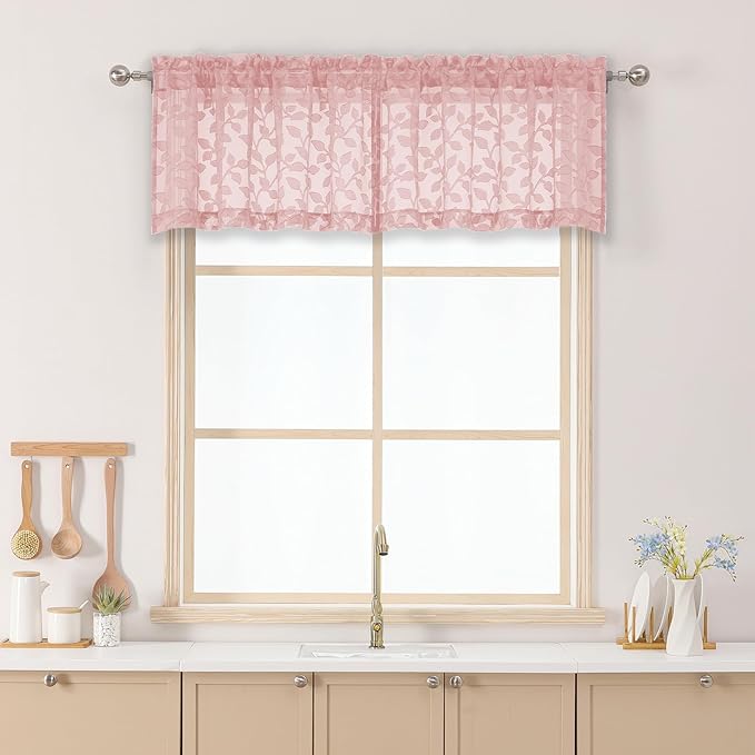 Chyhomenyc Blush Pink Sheer Valances for Windows 14 Inch Length 2 Pcs, Light Filtering Leaf Textured Cafe Short Kitchen Curtains, Top Small Curtain for Living Room Bedroom Basement, 42" W x 14" L