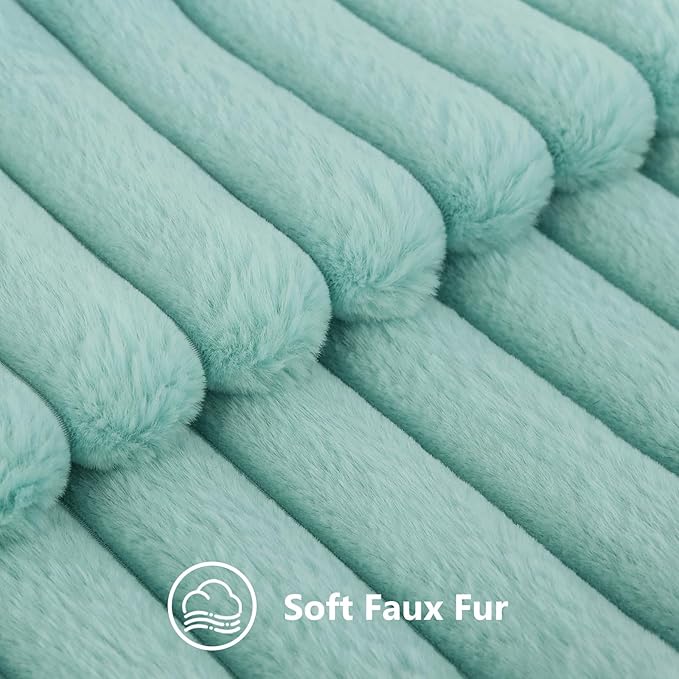 decorUhome Summer Cozy Faux Fur Throw Pillow Covers 24x24 Set of 2 Decorative Soft Plush Striped Modern Farmhouse Boho Couch Euro Sham Pillow Cases with Velvet Back for Sofa Bed Living Room, Aqua