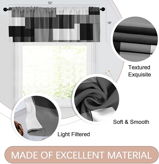 Emvency 4 Pack Valances Window Treatments, Gray and Black Geometry Abstract Modern Art Blackout White Adjustable for Living Room Bathroom Kitchen Over Sink, 52x18 Inch Rod Pocket Valances