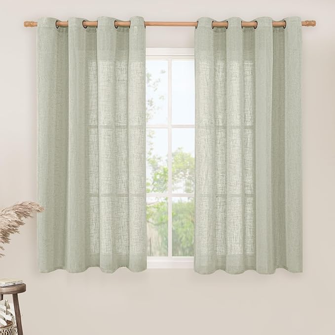 LAMIT Sage Grey Linen Curtains 45 inches Long for Bedroom, Soft Linen Textured Light Filtering Semi Sheer Panels with Bronze Grommet for Living Room, 2 Panels Set, 52 x 45 Inch