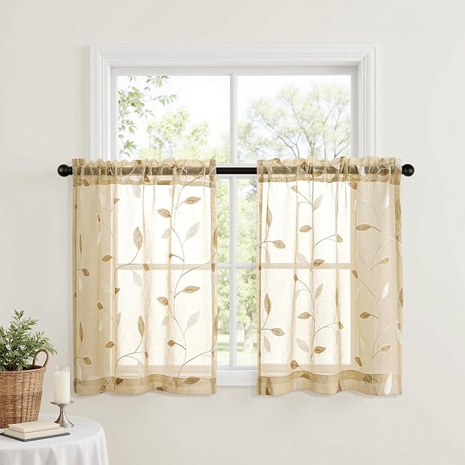 MIULEE Beige Sheer Kitchen Curtains 30x36 Inches Length 2 Panels Embroidered Leaf Patterned Rod Pocket Floral Semi Sheer Faux Linen Short Window Curtains Drapes Set for Bathroom Cafe