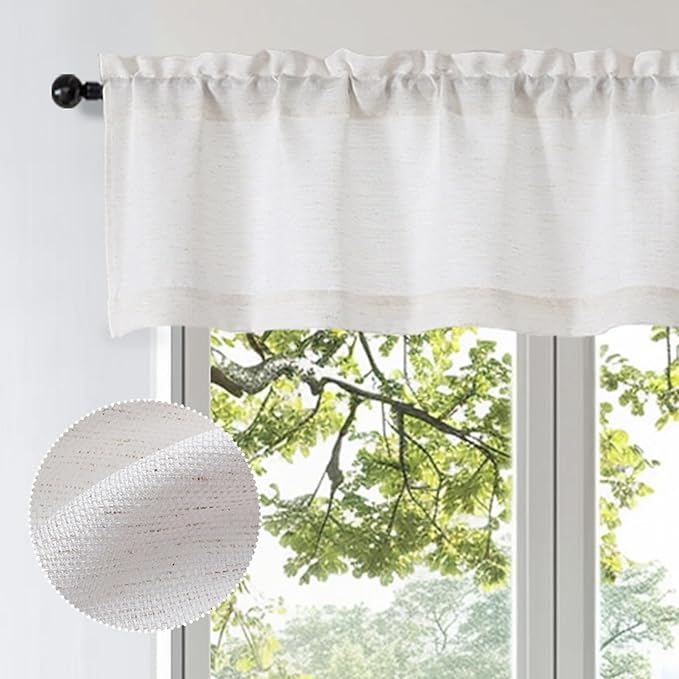 OWENIE Bob 1 PCS Natural Valances for Windows, Faux Linen Textured Kitchen Window Curtains Valance for Bedroom Living Room, Modern Soft Airy Solid Rod Pocket Bathroom Cafe Curtain, 60Wx14L Inch