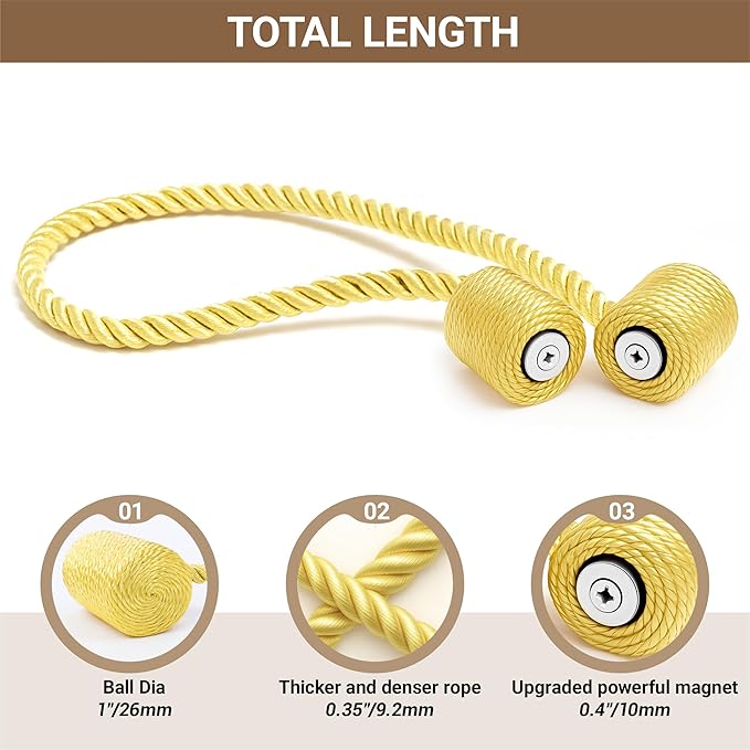 Hion Magnetic Curtain Tiebacks Golden 2pcs, Curtain Tiebacks Buckles Holdbacks Holders Hooks Clip for Home Bedroom Office Decorative Curtain