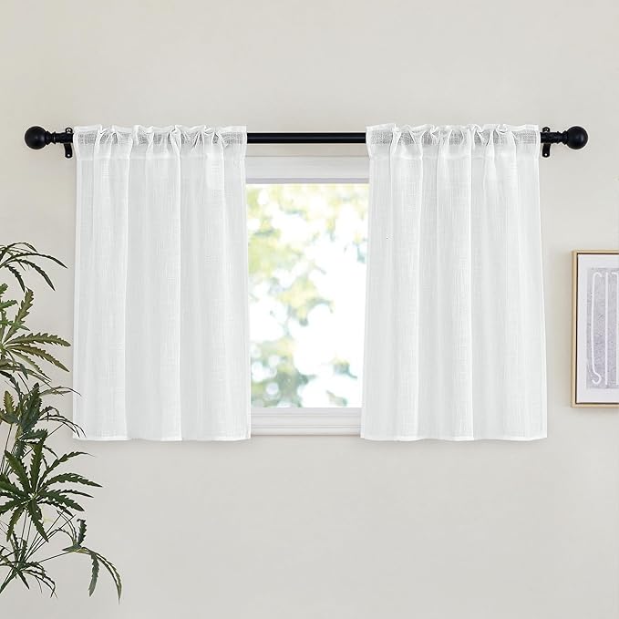 NICETOWN White Linen Sheer Kitchen Window Curtains Over Sink, Rod Pockets & Back Tab Semi Sheer Window Treatments Privacy with Light Filtering for Home Office/Cafe, W29 x L30, Set of 2