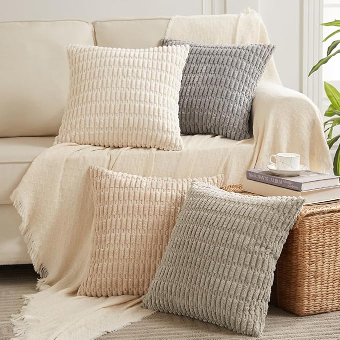 Fancy Homi 4 Packs Grey Decorative Throw Pillow Covers 22x22 Inch for Living Room Couch Bed, Rustic Modern Farmhouse Boho Home Decor, Soft Plush Corduroy Gray Cute Square Accent Cushion Case 55x55 cm