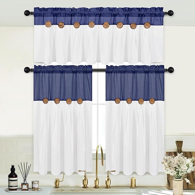 FRAMICS Boho Kitchen Curtains, 36 Inch Length, Farmhouse Cotton Linen Tier Curtains, Navy Blue, 26x36