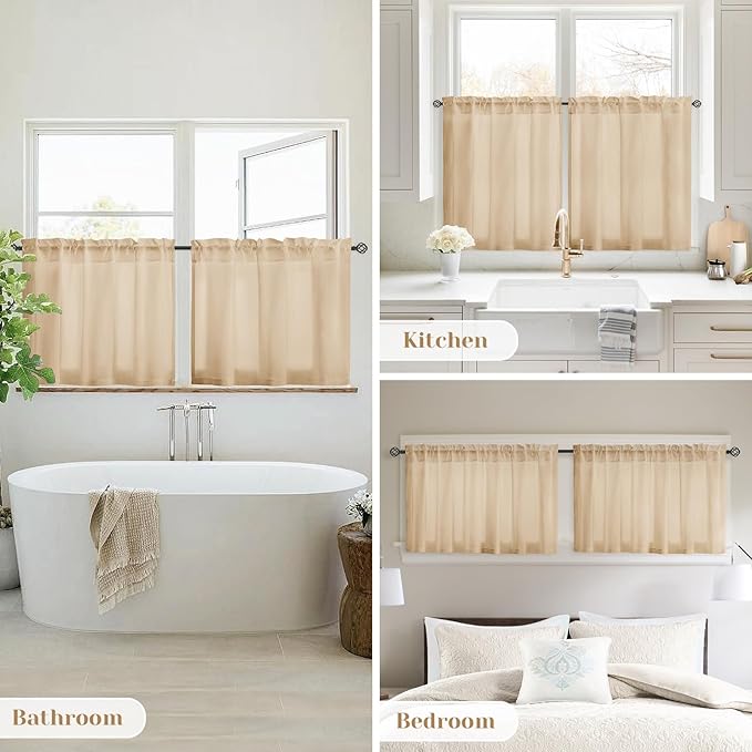 HOMEIDEAS Non-See-Through Beige Privacy Sheer Kitchen Curtains, 30 X 36 Inches Long 2 Panels Taupe Sheer Curtains Light Filtering Bathroom Window Drapes for Bedroom Living Room