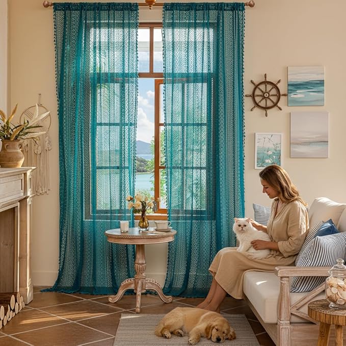 WAZZIO Boho Lace Curtains 96 Inches 2 Panel,Light Filtering Privacy Tassel & Geometry Crochet Semi Sheer Curtain Drapes for Bedroom Living Dining Room,Rod Pocket & Tassel,Coastal Style,Teal