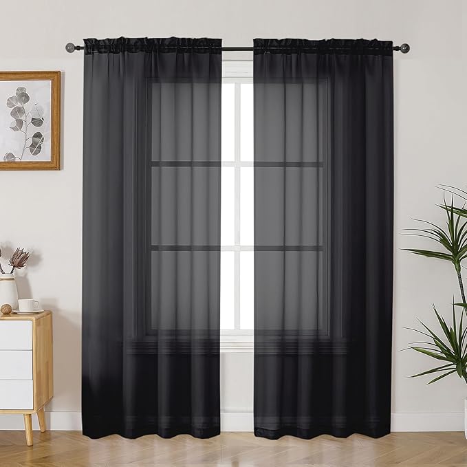 Gwine Black Sheer Curtains 72 Inches Long 2 Panels, Light Filtering Sheer Curtains for Living Room, Rod Pocket Window Treatments Drapes, Each 42" Wx72 L