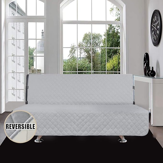 Easy-Going Futon Sofa Slipcover Reversible Sofa Cover Armless Futon Cover Furniture Protector Couch Cover Water Resistant Pets, Kids, Children, Dog, Cat (Futon, Light Gray/Ivory)