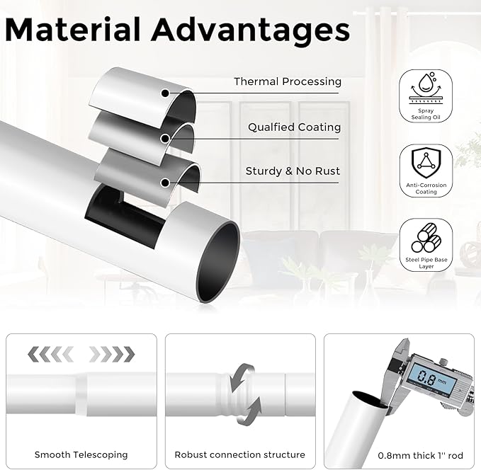 Modern White Curtain Rods for Windows 66 to 120 Inch, 1" Diameter Adjustable Heavy Duty Window Curtain Pole with Matte White End Cap Finials, Decorative Drapery Rods for Living Room, Bedroom