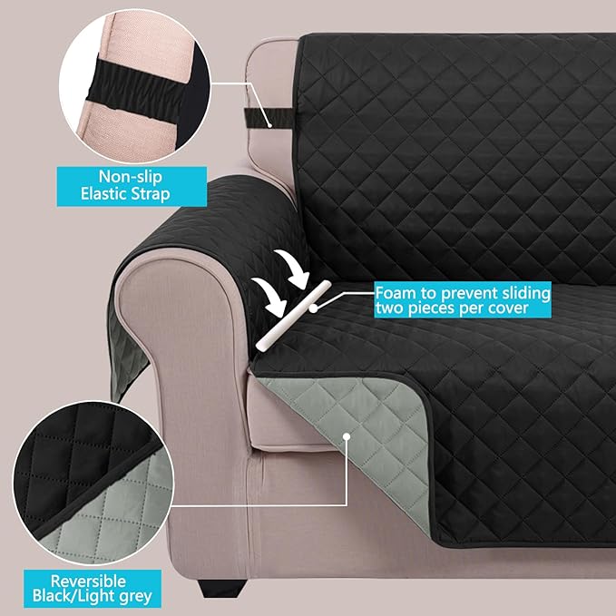 U-NICE HOME Large Sofa Cover Reversible Couch Cover for Dogs with Elastic Straps Water Resistant Furniture Protector for Pets Couch Cover for 4 Cushion Couch (Oversized Sofa, Black/Grey)