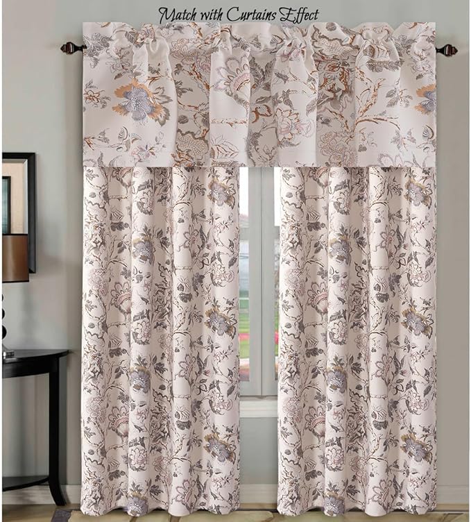 H.VERSAILTEX Blackout Curtain Valances for Kitchen Window/Living Room/Bathroom Privacy Added Rod Pocket Home Decoration Winow Valance, 52" W x 18" L, Floral in Sage and Brown (Pack of 4)