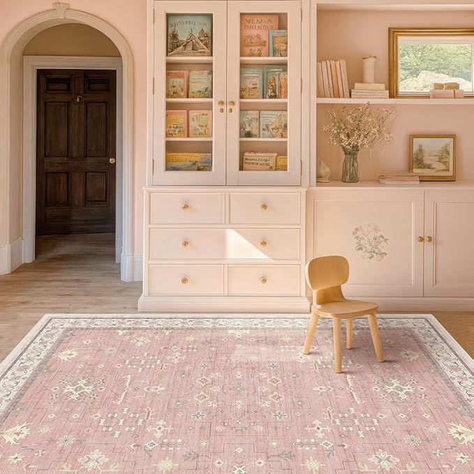 Hazo Haus Pink Washable 6x9 Rug for Bedroom - Nursery Floral Girls Room Rug Machine Washable Non Slip Kids Playroom Mat, Cute Girly Thin Low Pile Stain Resistant Living Room Decor