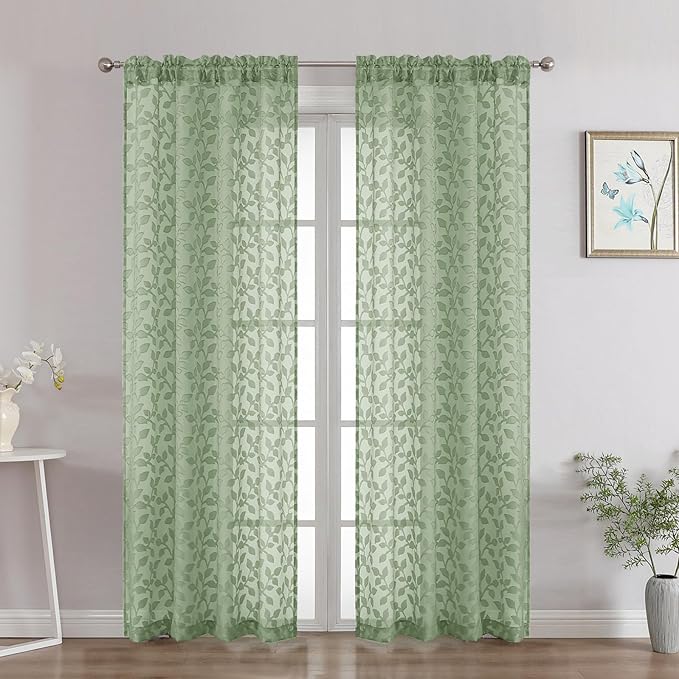 Chyhomenyc Sage Green Sheer Curtains 72 Inches Long 2 Panels Set, Light Filtering Tufted Textured Soft Airy Rod Pocket Elegant Leaf Window Treatment Drapes for Bedroom Living Room, 42" Wx72 L, 2PCS