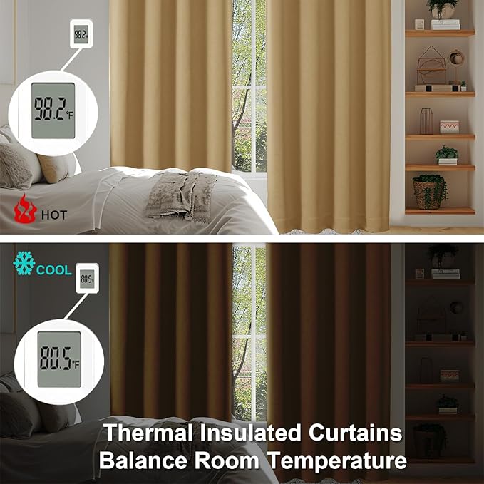 Simplebrand Ava Gold Blackout Curtains for Bedroom, 72 Inch Length 2 Panels Set, Thermal Insulated Privacy Rod Pocket Curtains for French Door, W40 x L72 Inch
