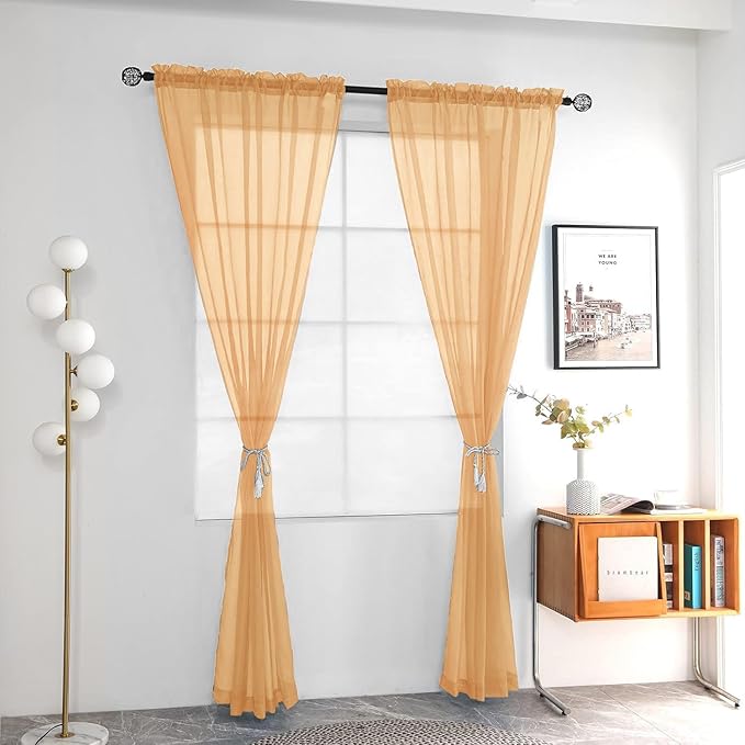 youleyar Solid Sheer Rod Pocket Curtain Voile Draperies 2 Panels Beige Semi Sheer Curtains 45 Inches Long 1 Pair for Kitchen Bedroom Children Living Room Yard(Beige,38Wｘ45L)