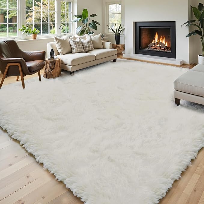 Area Rugs 9x12 Living Room, Shaggy Carpet Soft Plush Furry Bedside Rug Large Area Rugs for Bedroom Kids Girls Boys Home Decor Anti Slip(9 x 12, Cream)