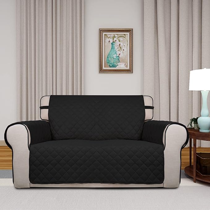 PureFit Reversible Quilted Sofa Cover, Water Resistant Slipcover Furniture Protector, Washable Couch Cover with Non Slip and Elastic Straps for Kids, Pets (Loveseat, Black/Black)
