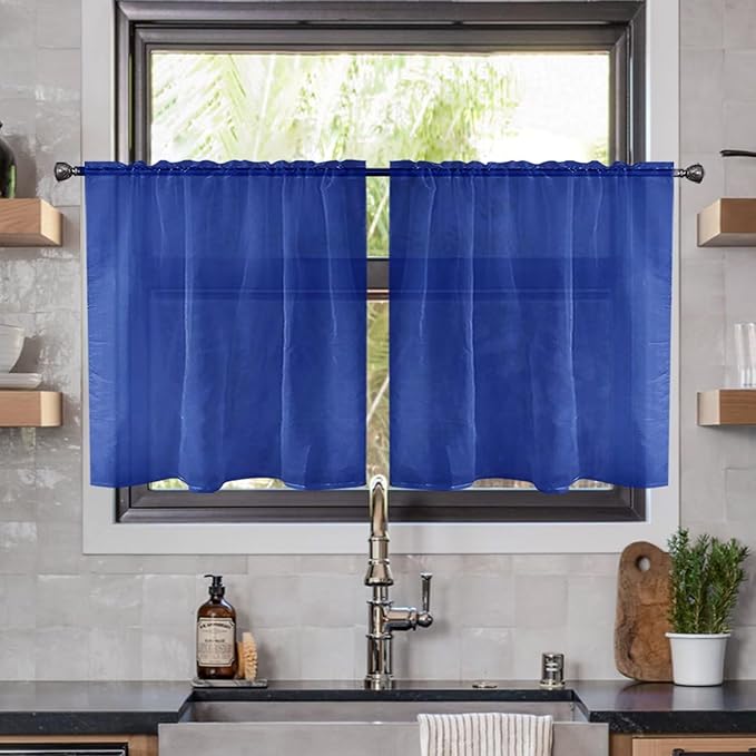 Youleyar Solid Sheer Rod Pocket Curtain Voile Draperies 2 Panels White Beige Black Ivory Coffee 26 Inch Width 30 Inch Long 1 Pair for Kitchen Bedroom Children Living Room Yard(Blue Sapphire,26W x 30L)