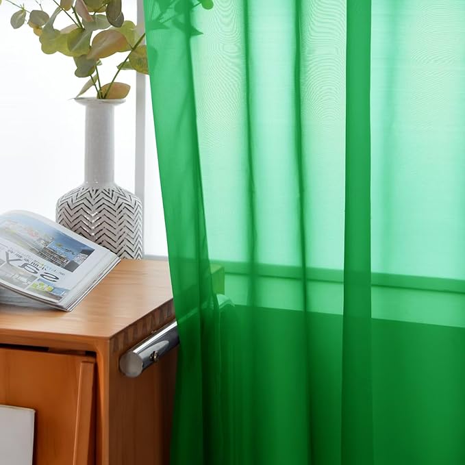 youleyar Solid Sheer Rod Pocket Curtain Voile Draperies 2 Panels White Beige Black Ivory Coffee 26 Inch Width 30 Inch Long 1 Pair for Kitchen Bedroom Children Living Room Yard(Green,26W x 30L)
