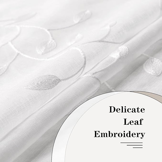 MRTREES Sheer Valance Curtain, Christmas Sheer Curtains Valances Rod Pocket, Voile Leaves Embroidered Curtain Panels for Bedroom Living Room Window Treatment(1 Panel, 54x16 Inches, White Leaves)