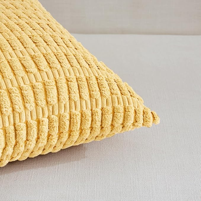 Fancy Homi 4 Packs Yellow Decorative Throw Pillow Covers 22x22 Inch for Living Room Couch Bed Sofa, Rustic Farmhouse Boho Home Decor, Soft Striped Corduroy Square Cushion Case 55x55 cm