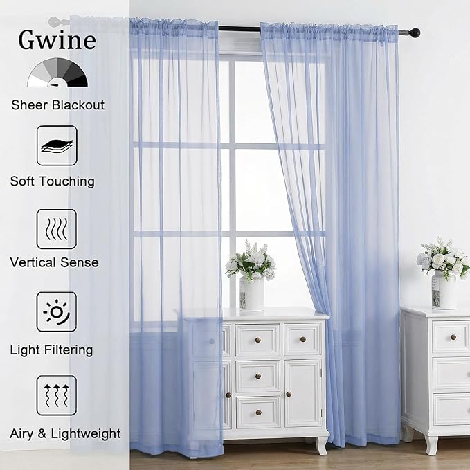 Gwine Denim Blue Sheer Curtains 63 Inch Length for Living Room 2 Panels, Light Filtering Rod Pocket Window Curtain Treatment for Bedroom, Voile Elegant Sheer Drapes，Each 42Wx63L