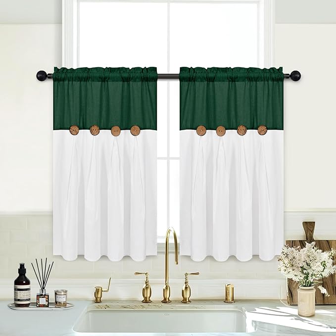 FRAMICS Boho Kitchen Curtains 36 Inch Length, Farmhouse Cotton Linen Tier Curtains, Rustic Button Short Curtain for Windows, Rod Pocket Small Window Curtain, Green and White, 26x36