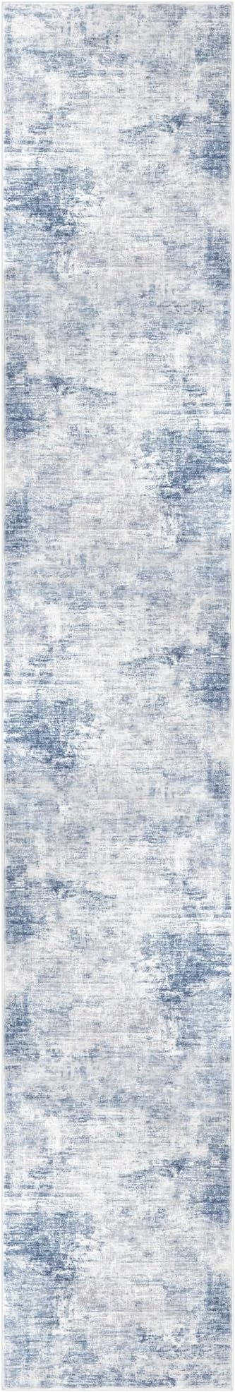 IOHOUZE Abstract Runner Rug 2x12 Ft Washable Runners for Hallways, Non Slip Kitchen Runner Printed Faux Wool Entryway Runner Indoor, Modern Abstract Floor Carpet for Hall Kitchen, Light Blue Grey