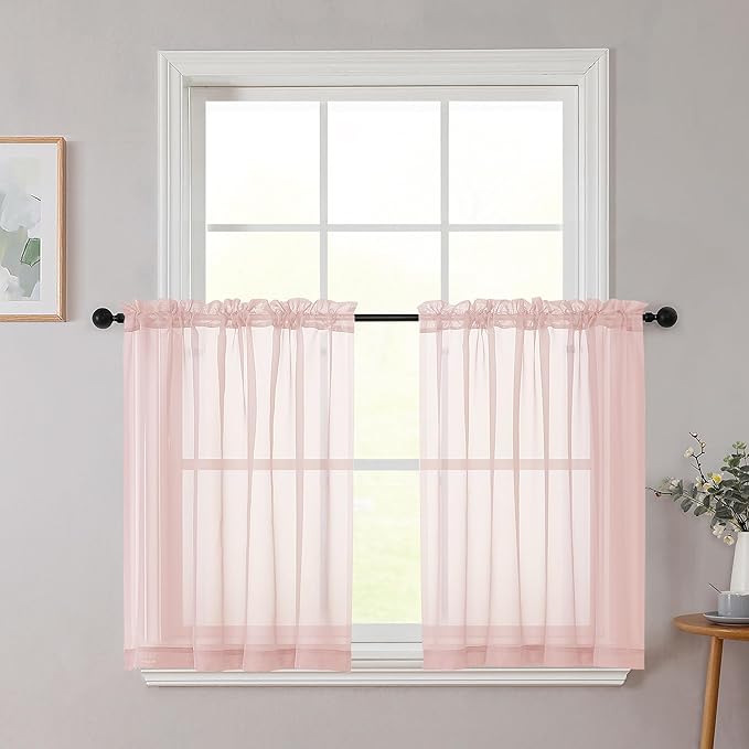 Blush Kitchen Curtains 30 Inch Length Tier 2 PCS, Solid Soft Airy Half Curtains for Windows, Blush Sheer Rod Pocket Drapes for Bathroom Basement Small Window, 42" Wx30 L Inches