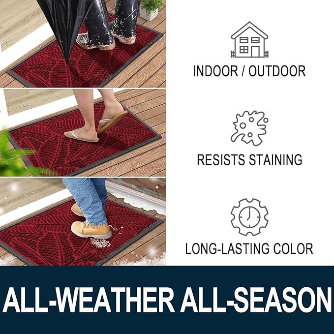 Colorxy Waterproof Doormat, Sturdy Natural Rubber Front Indoor Mat, Non Slip Low Profile Indoor Outdoor Door Mats, Stain and Fade Resistant Floor Mat, Easy Clean Patio Entry Mat, 71''x23'', Burgundy