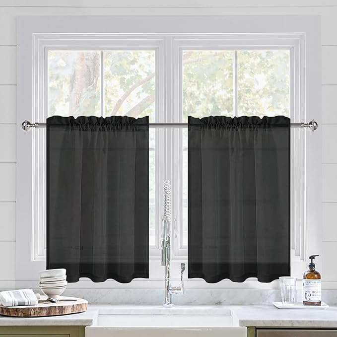 DWCN Sheer Curtains Semi Transparent Voile Rod Pocket Curtains for Bedroom and Living Room, Black, 42 x 36 inches Long, Set of 2 Panels