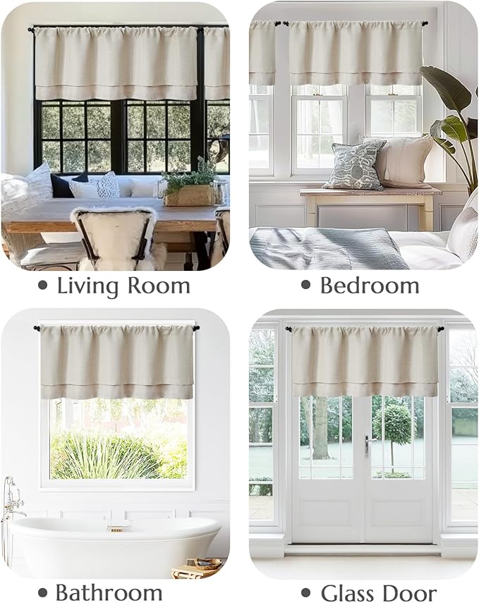 jinchan Valance Curtain Beige Hearthered Farmhouse Light Filtering Double Layer Window Treatment for Living Room Dining Bedroom Kitchen Rod Pocket 18 Inch