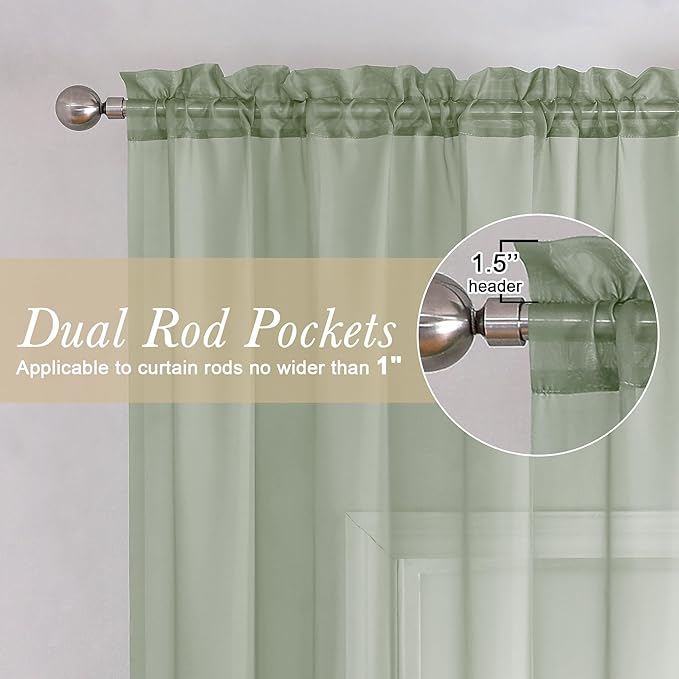 Lecloud Short Sheer Curtains 54 Inches Length 2 Panels, Light Filtering Voile Curtain Drapes for Half Window Kitchen Bedroom, Basic Rod Pocket Living Room Sheer Curtains, 40Wx54L Inches, Sage Green