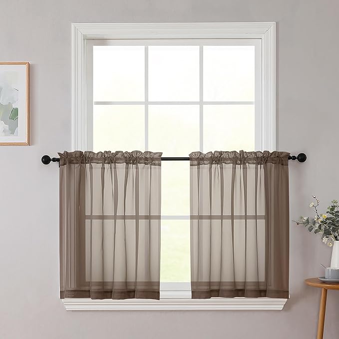 Kitchen Curtains 24 Inch Length Tier 2 Pieces, Chocolate Sheer Curtain Solid Soft Sheer Short Curtains for Windows, Cafe Bathroom Basement Rod Pocket Drapes, Chocolate, Each 42"Wx24"L Inches