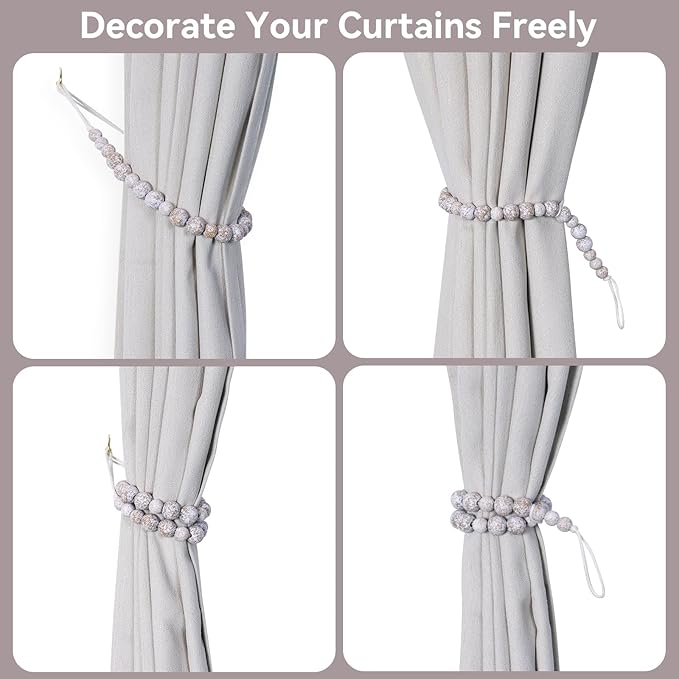 Wood Bead Curtain Tiebacks, KLOGTSIND Set of 6 Curtain Holdbacks for Thin or Thick Window Draperies, Boho Farmhouse Curtain Tiebacks with Hooks, Curtain Tie Backs for Home Office Room Décor