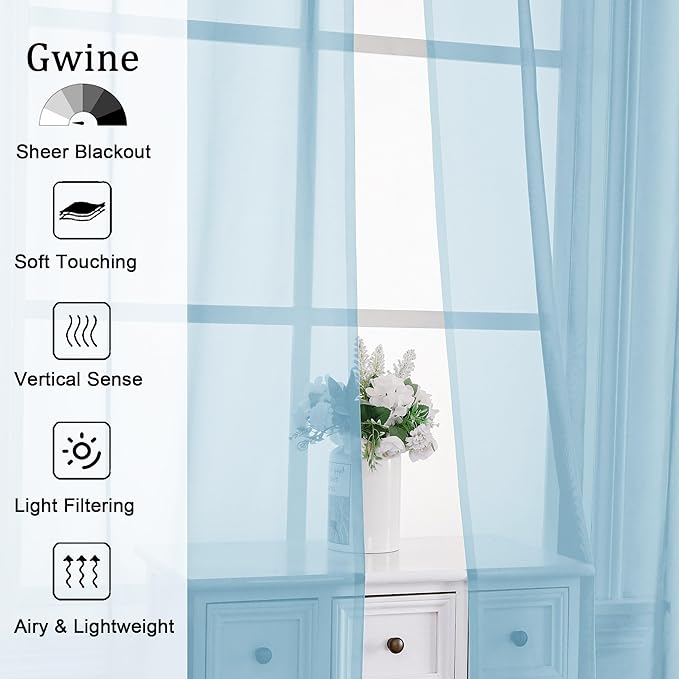 Gwine Sky Blue Sheer Curtains 90 Inches Long 2 Panels Set, Light Filtering Solid Filmy Drapes for Living Room Bedroom, Elegant Soft Rod Pocket Voile Sheer Window Curtains, 42Wx90L Inch, 2PCS, Sky Blue