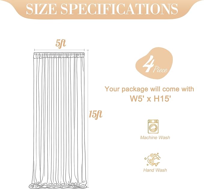 20ft x 15ft Champagne Tulle Backdrop Curtain for Parties Sheer Fabric Backdrop Curtains for Wedding Baby Shower Bridal Shower Birthday Photo Backdrop Drapes Background Decorations 4 Panels 5ft x 15ft