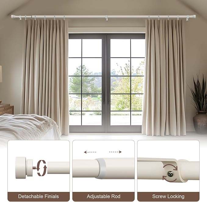 Lootkell Modern White Curtain Rods for Windows 48 to 84 Inches Adjustable Length Heavy Duty 1" Diameter Window Curtain Rod with Decorative Finials for Outdoor Farmhouse Bedroom Kitchen Living Room