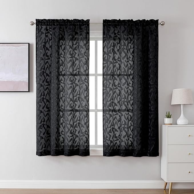 Lecloud Leia Black Sheer Curtains for Bedroom Decor 45 Inch Length 2 Pcs, Jacquard Leaf Textured Dual Rod Pocket Living Room Curtains, Light Filtering Farmhouse Drapes, Each Panel 28" W x 45" L