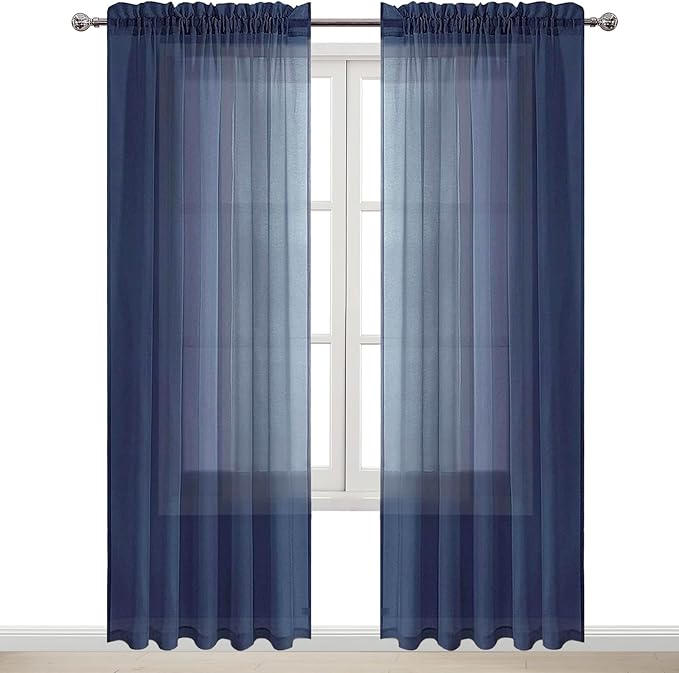 DWCN Navy Blue Sheer Curtains Semi Transparent Voile Rod Pocket Curtains for Bedroom and Living Room, 60 x 96 inches Long, Set of 2 Panels