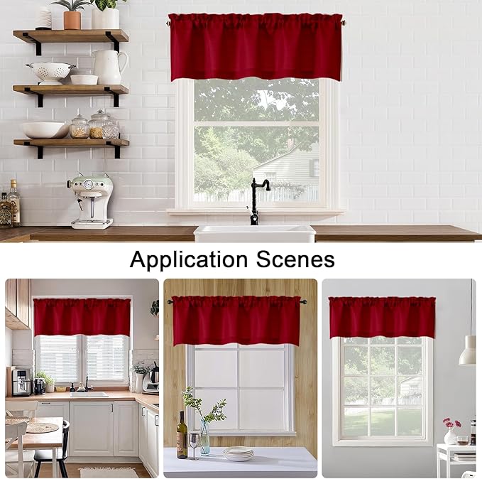 Chyhomenyc Red Valance for Windows, Light Filtering Faux Linen Textured Small Short Valance for Kitchen Bathroom Laundry Basement, Solid Rod Pocket Top Window Curtain, 60Wx14L inch, 1 Piece