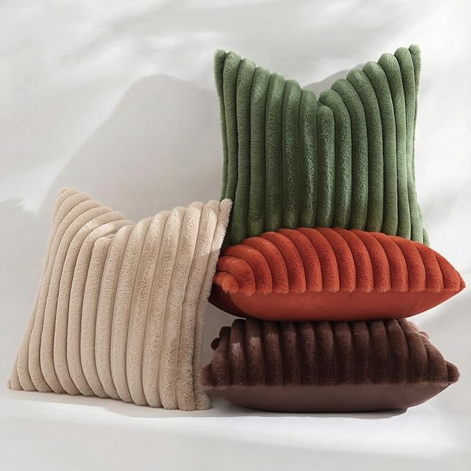 decorUhome Cozy Faux Fur Throw Pillow Covers 16x16 Set of 2 Decorative Soft Plush Striped Modern Farmhouse Boho Couch Pillow Cases with Velvet Back for Sofa Bed Living Room, Olive Green