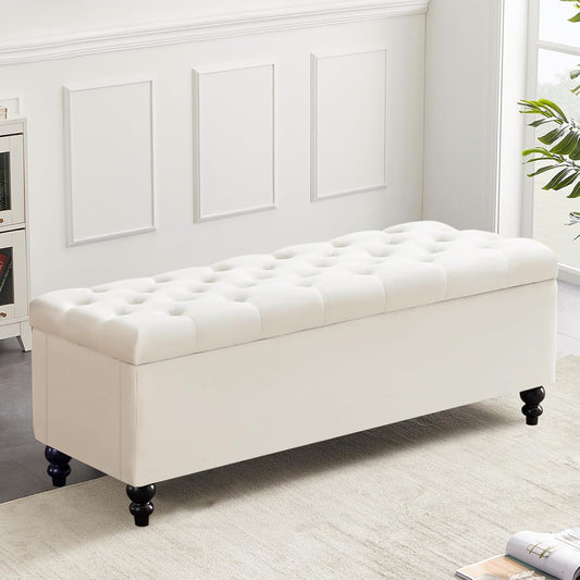 Ottoman with Storage,50.2-inch Upholstered End of Bed Storage Bench for Bedroom,for The Living Room,for Entryway, with Button and Safety Hinges,Detachable (White)